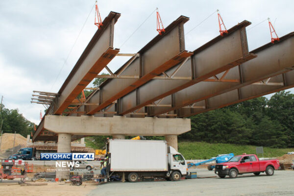 Construction crews are set to lay the final steel beams for a new bridge that will carry traffic across Interstate 95 via Telegraph Road in North Stafford. [Uriah Kiser / Potomac Local News]