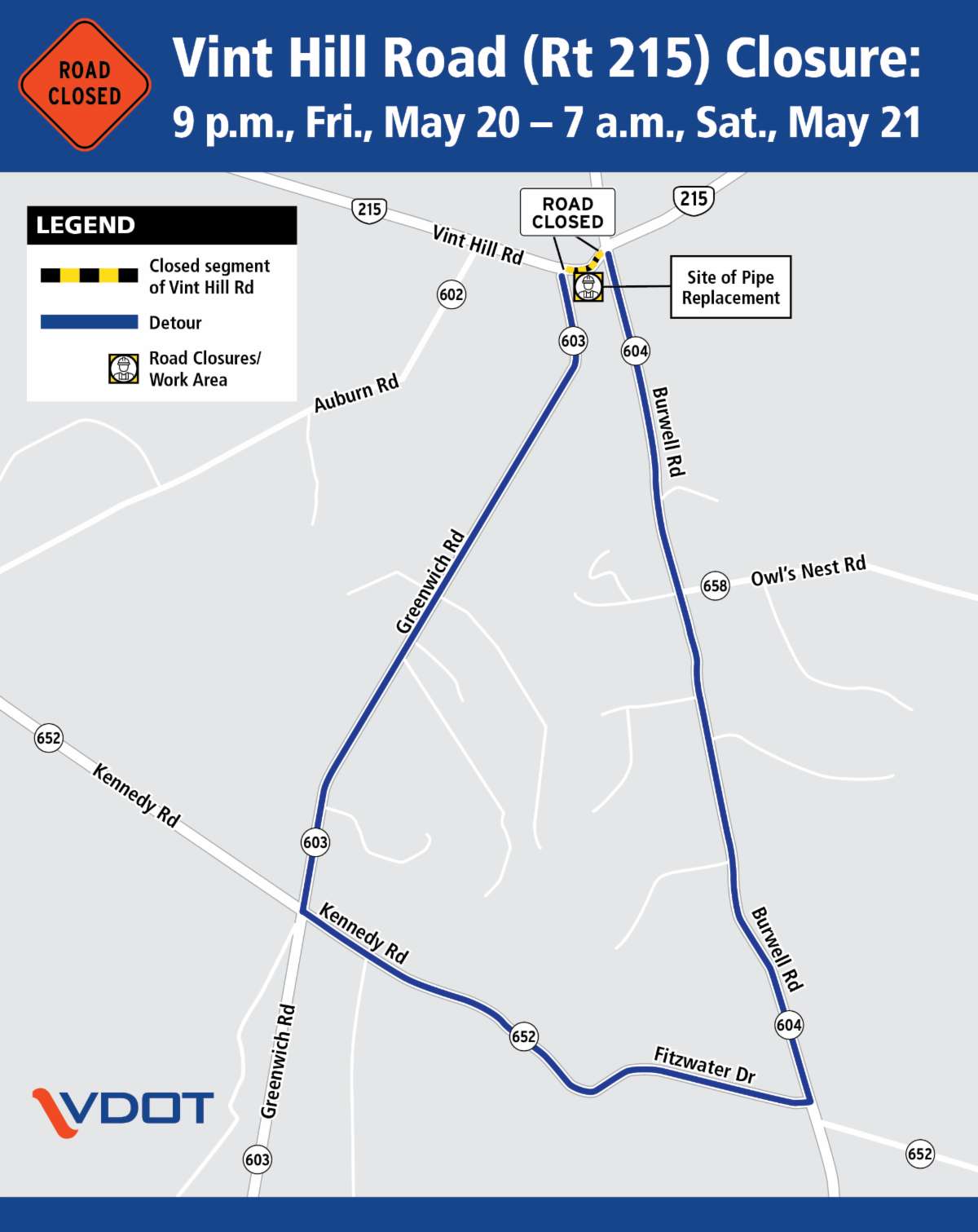Tomorrow Vint Hill Road to be closed for street work