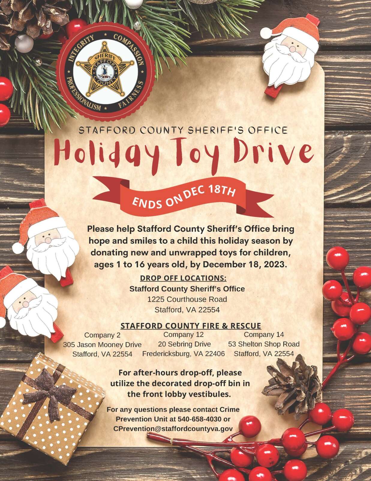 'Join the Stafford County Sheriff's Office for our Holiday Toy Drive'