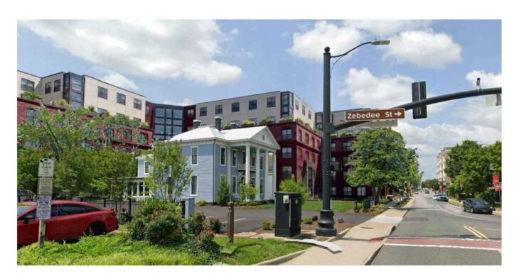 Revised architectural rendering of the proposed Center Street apartments behind the light-blue Meredith House at Zebedee Street in Old Town Manassas