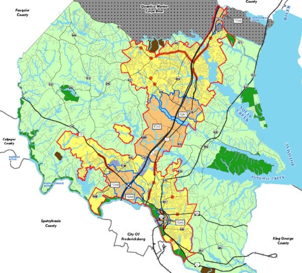 Color land-use map of Stafford County Virginia showing yellow and orange Targeted Development Areas along Interstate 95, Quantico Marine Corps Base to the north, and the Rappahannock and Potomac rivers
