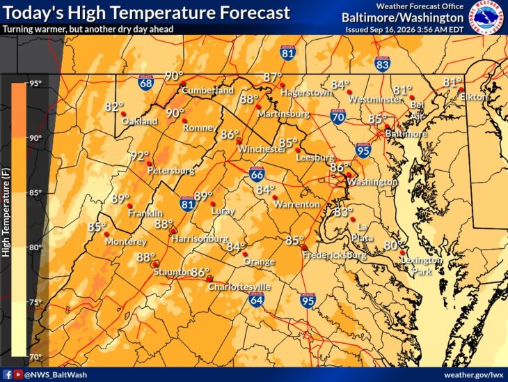 NWS map showing today’s high temperatures in the mid-80s to around 90 across the Baltimore-Washington region under high pressure