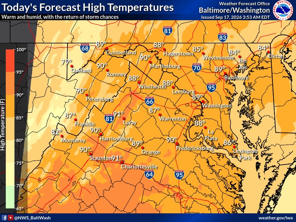 NWS map showing Thursday high temperatures in the mid-80s to low 90s across the Baltimore-Washington region with storm chances later