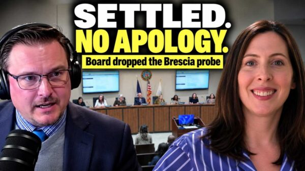 Podcast graphic of Uriah Kiser wearing headphones and Sara Brescia over a Manassas school board dais, with text Settled. No apology. Board dropped the Brescia probe