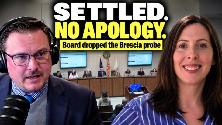 Podcast graphic of Uriah Kiser wearing headphones and Sara Brescia over a Manassas school board dais, with text Settled. No apology. Board dropped the Brescia probe