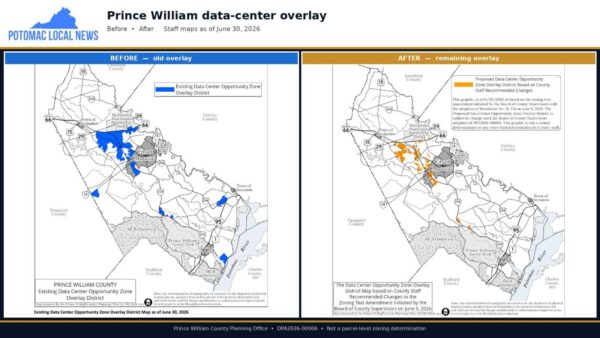 Side-by-side maps of Prince William County’s old data-center overlay and the remaining overlay