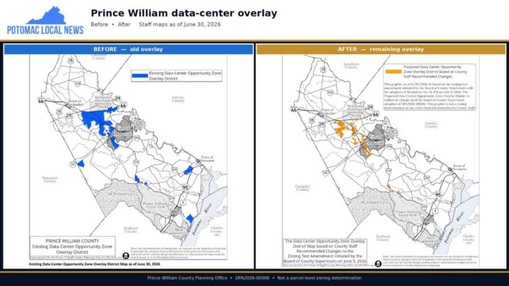 Side-by-side maps of Prince William County’s old data-center overlay and the remaining overlay
