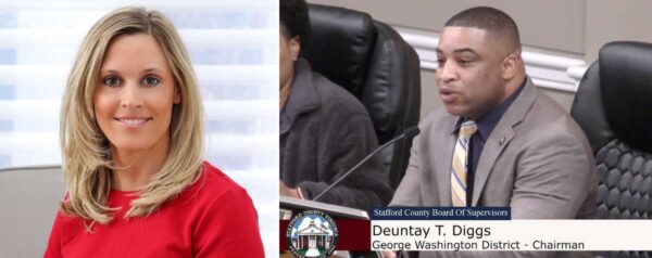 Crystal Vanuch in a red top next to Chairman Deuntay Diggs speaking at the Stafford supervisors dais