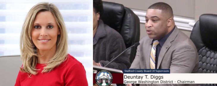 Crystal Vanuch in a red top next to Chairman Deuntay Diggs speaking at the Stafford supervisors dais
