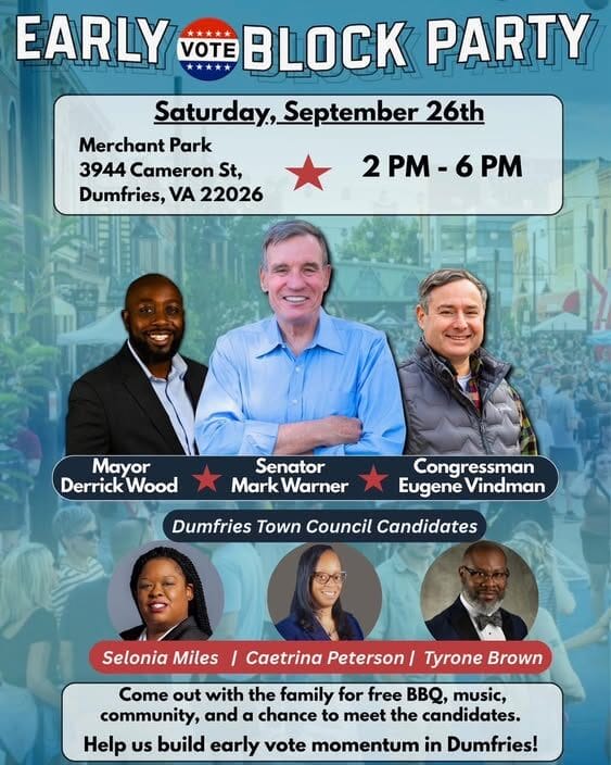 Early vote block party flyer for Merchant Park in Dumfries listing Mayor Derrick Wood, Sen. Mark Warner and Rep. Eugene Vindman