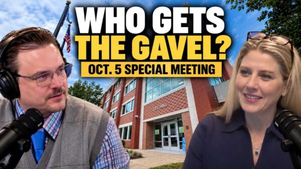 Uriah Kiser and Lynn Forkell Greene on the Potomac Local News Podcast in front of Manassas City Hall with text Who Gets the Gavel Oct. 5 Special Meeting