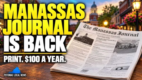 Yellow text Manassas Journal Is Back Print $100 a year next to a printed copy of The Manassas Journal