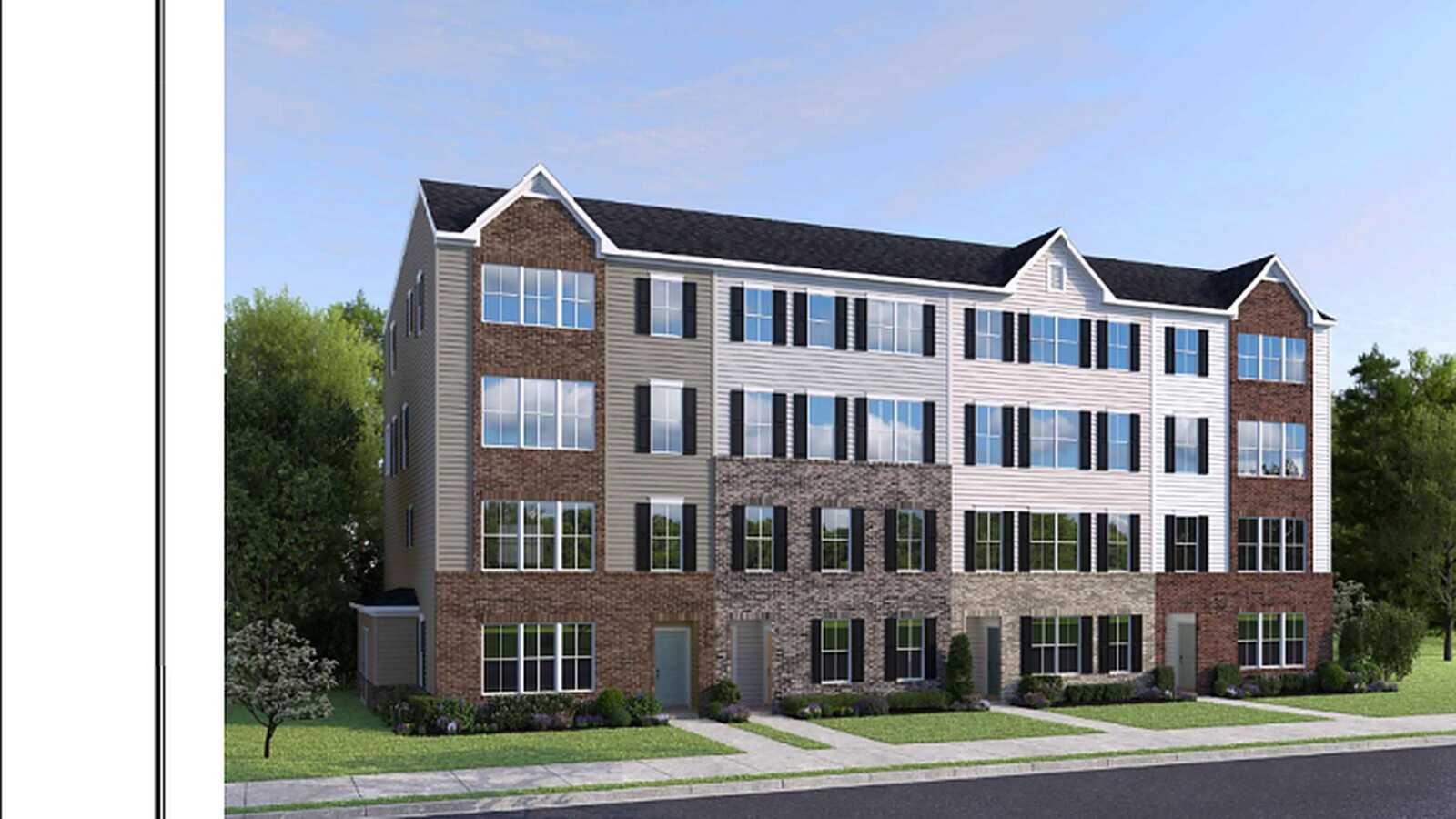 Architectural rendering of a four-story brick and siding stacked condominium building