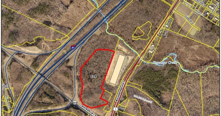 Stafford One Industrial site outlined in red at Interstate 95, Centreport Parkway and Richmond Highway. Stafford County Planning Commission memorandum, June 24, 2026, in the Sept. 15 Board packet.Aerial view of Stafford One Industrial site outlined in red at Interstate 95, Centreport Parkway and Richmond Highway.