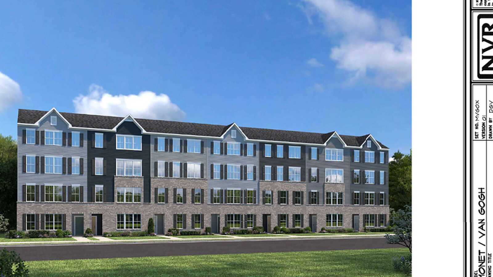 Architectural rendering of a longer four-story gray and brick stacked condominium building beside a lawn