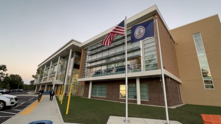 The new Woodbridge Elementary School at dusk on Sept. 9, 2026