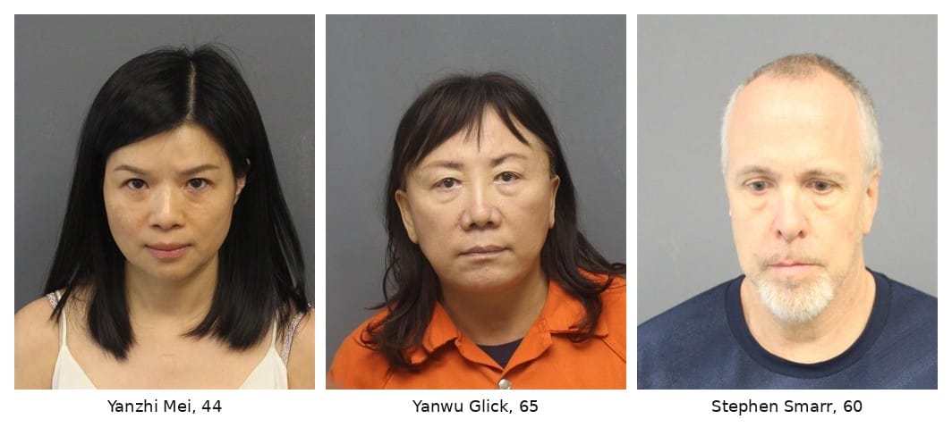 Booking photos of Yanzhi Mei, Yanwu Glick, and Stephen Smarr