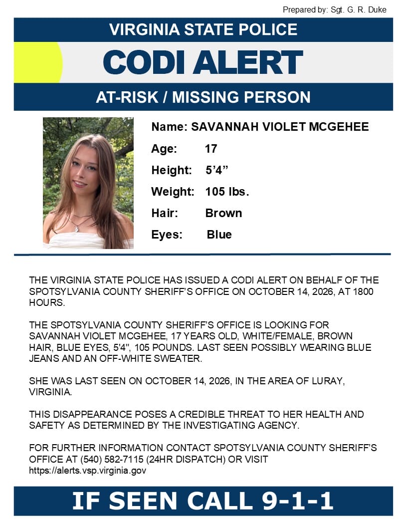Savannah Violet McGehee CODI Alert poster