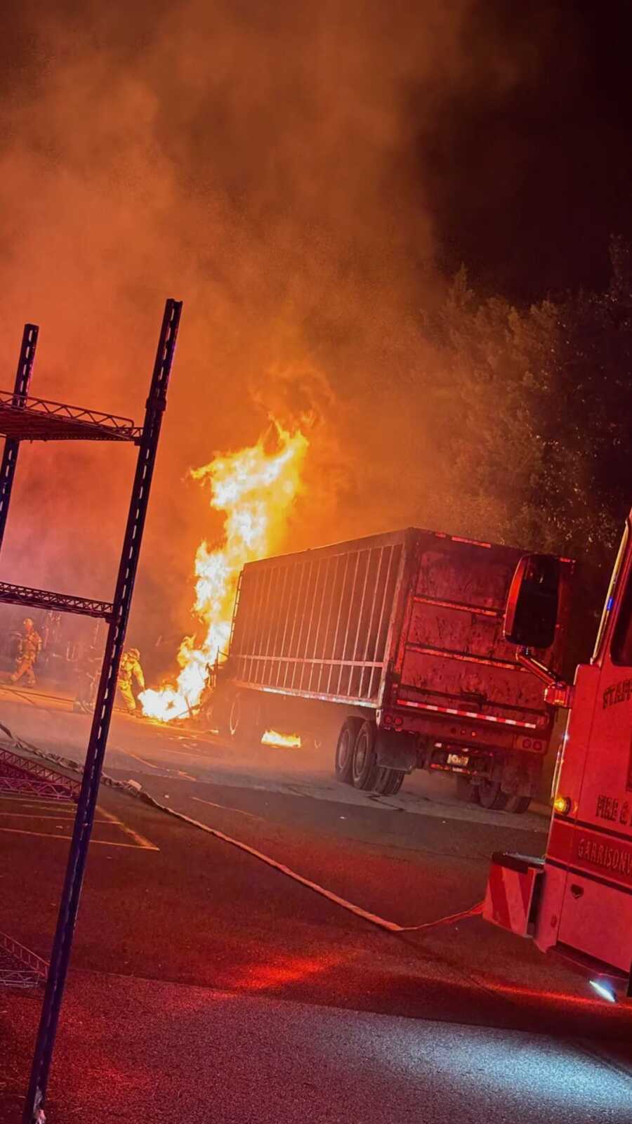 Truck cab burns behind Giant at Doc Stone Shopping Plaza