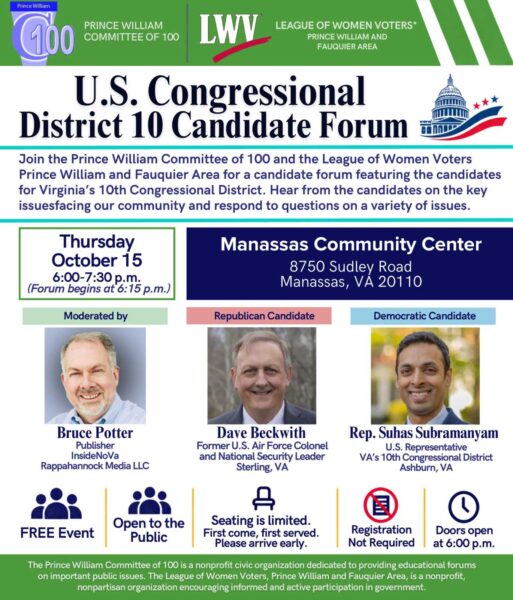 Prince William Committee of 100 and League of Women Voters 10th District candidate forum flyer