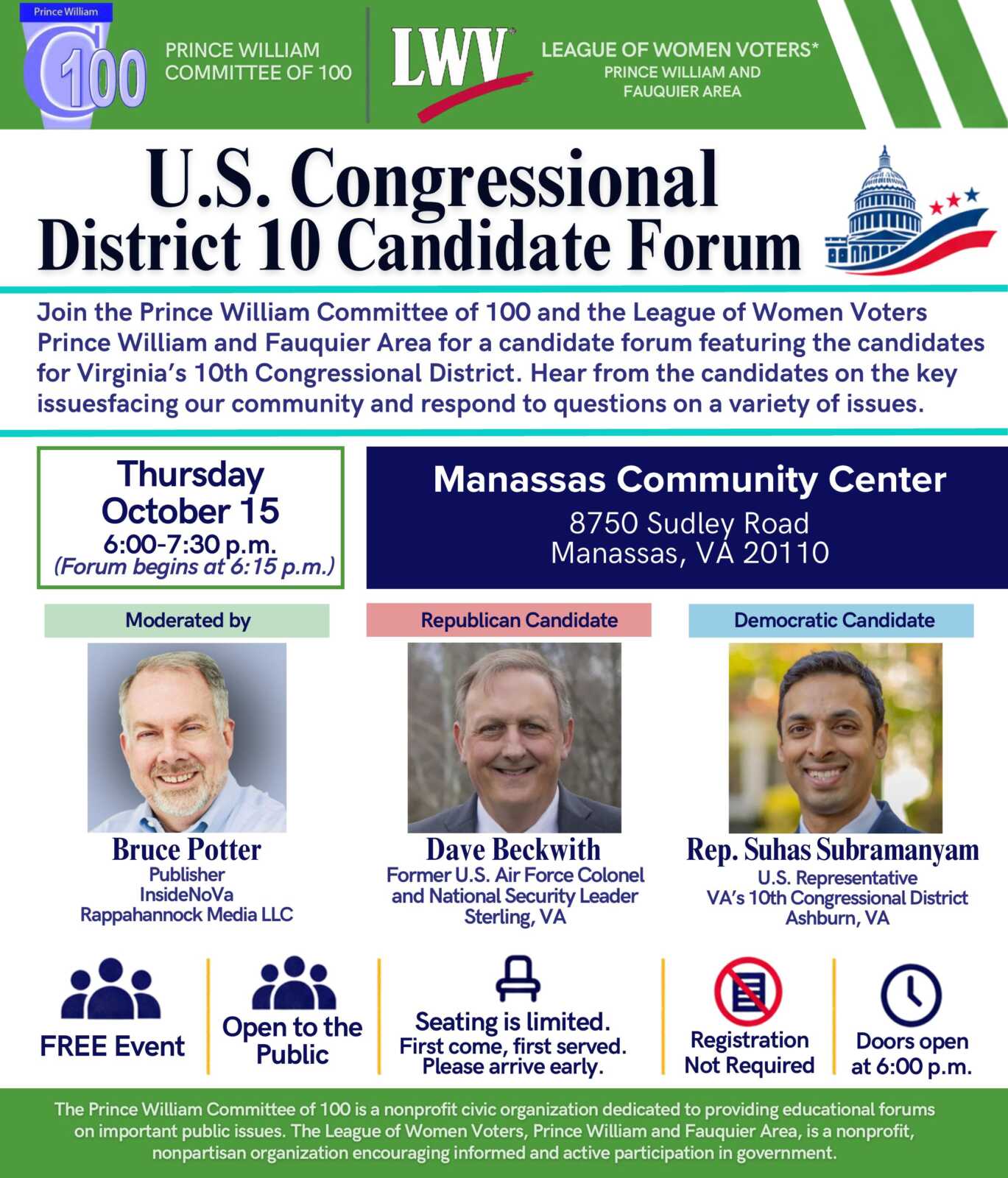 Prince William Committee of 100 and League of Women Voters 10th District candidate forum flyer