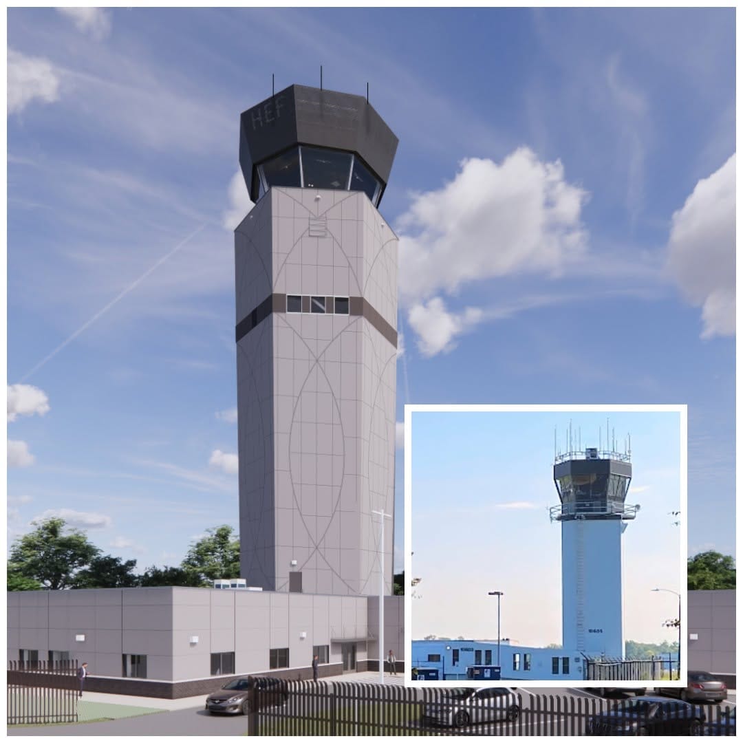 Rendering of the new 145-foot air traffic control tower at Washington Manassas Airport