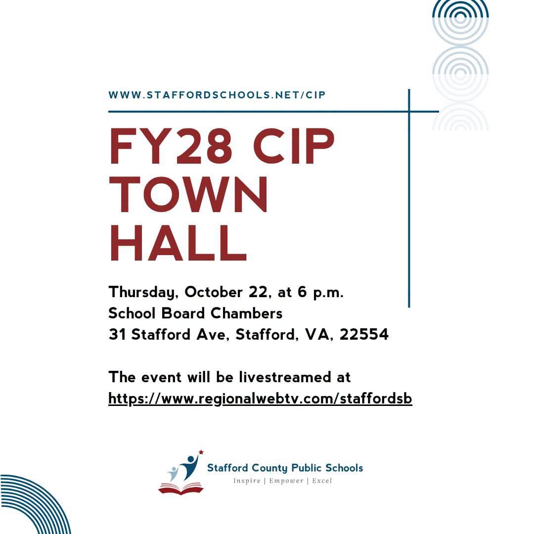 Flyer for the Stafford County Public Schools FY28 Capital Improvement Plan town hall